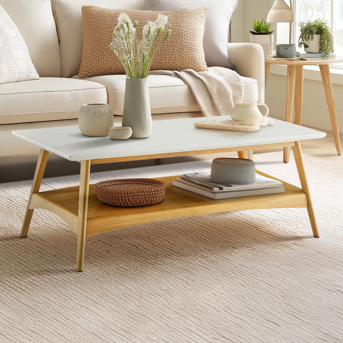 Parker Mid-century Coffee Table with Storage Shelf - Off-White/Natural