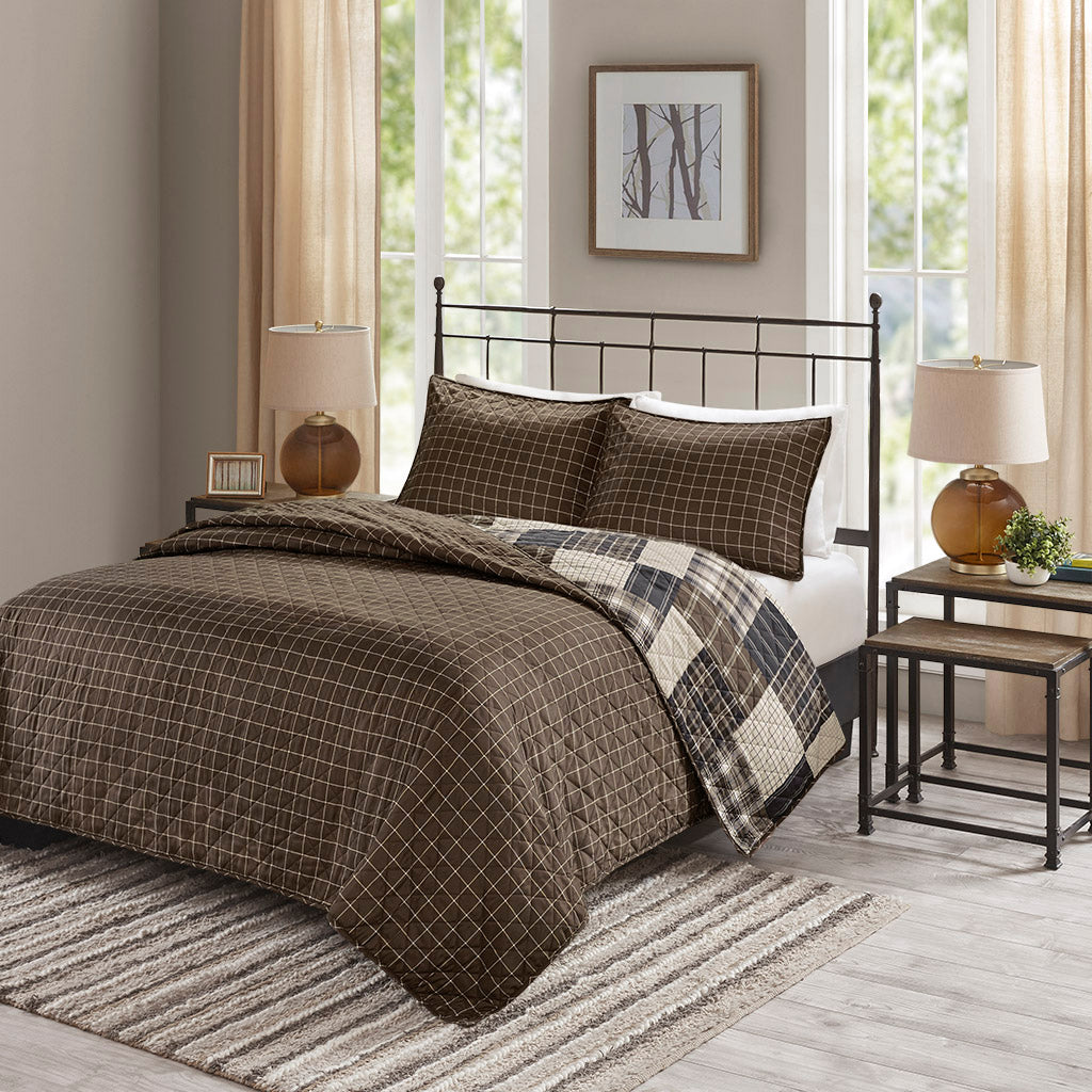 Timber 3 Piece Reversible Printed Quilt Set - Black/Brown