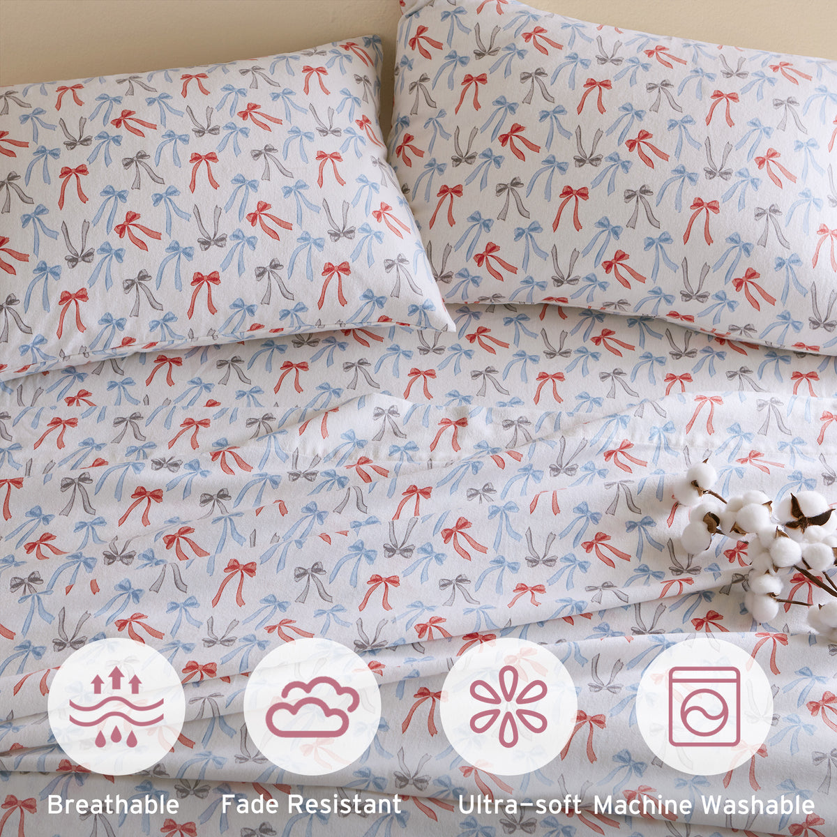Cozy Soft Cotton Flannel Printed Sheet Set - Happy Bows