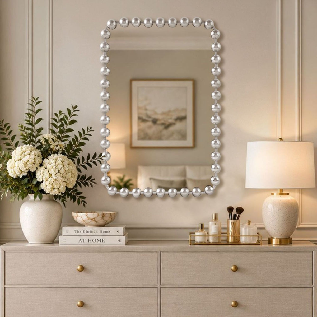 Marlowe 24X36 Rounded Rectangle Beaded Wall Mirror - Silver