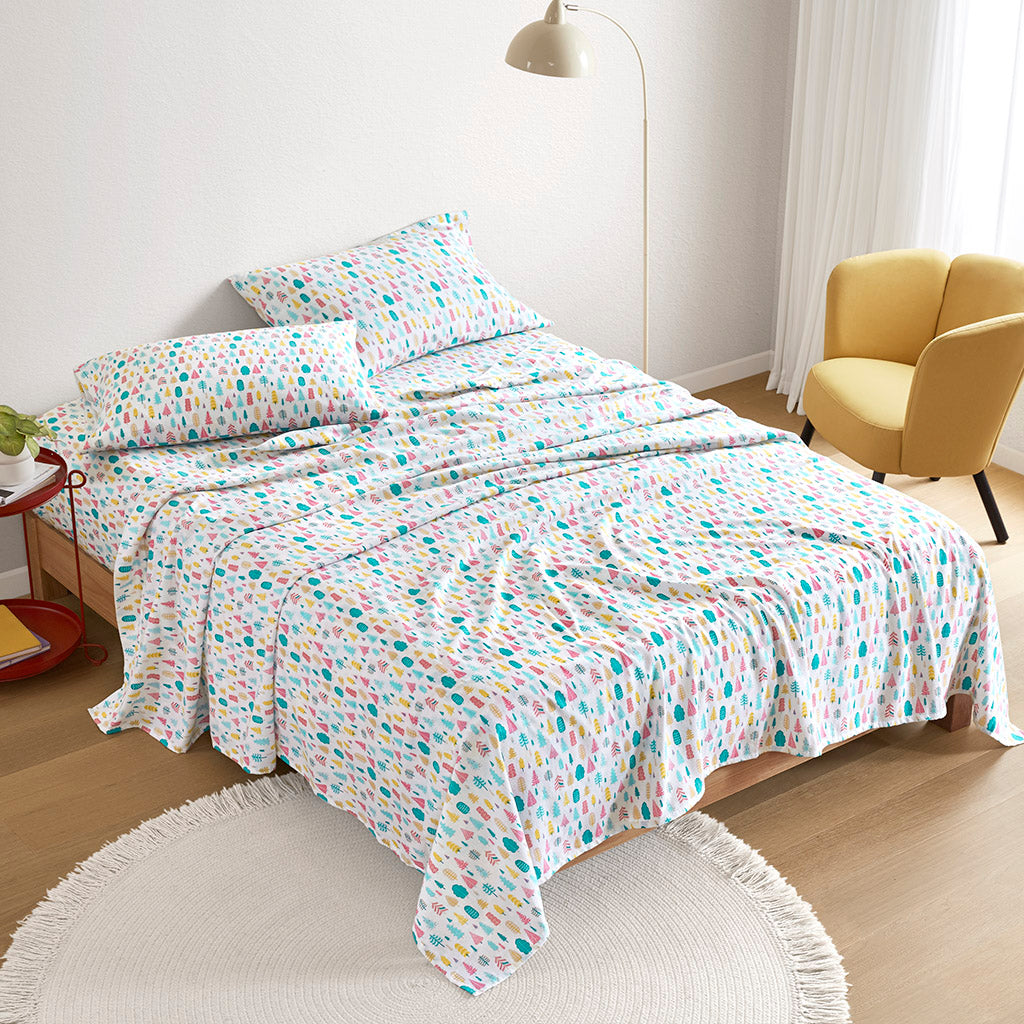 Cozy Soft Cotton Flannel Printed Sheet Set - White Holiday Trees