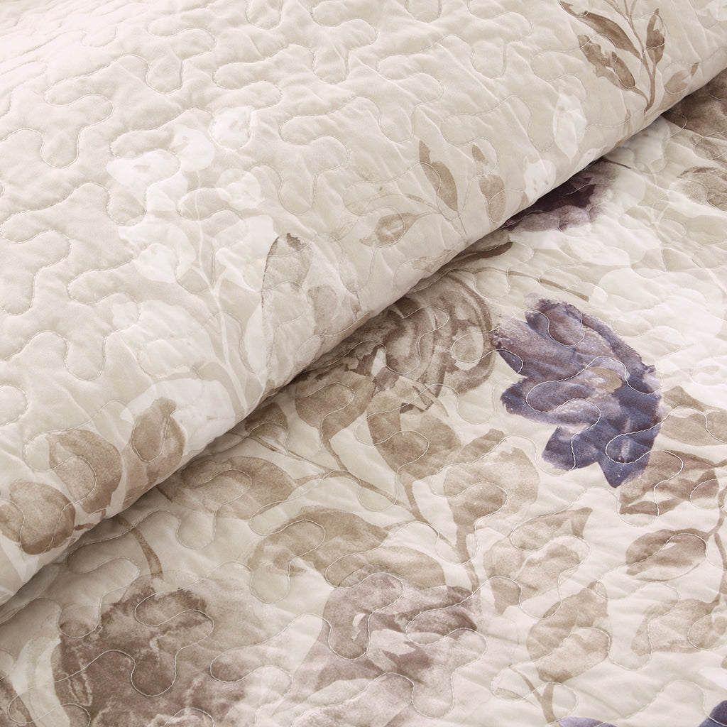 Luna 6 Piece Printed Quilt Set with Throw Pillows - Taupe