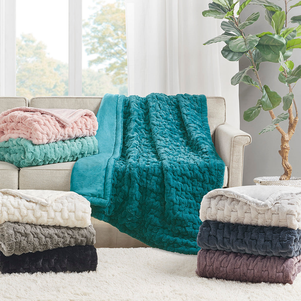Ruched Fur Throw - Aqua