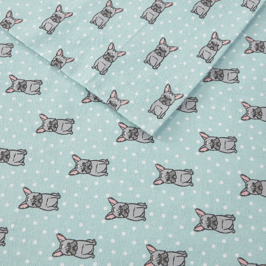 Cozy Cotton Flannel Printed Sheet Set - Aqua French Bulldog