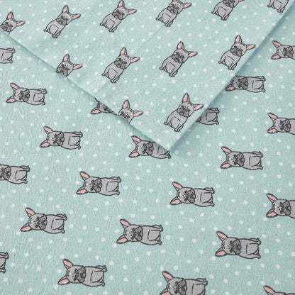 Cozy Cotton Flannel Printed Sheet Set - Aqua French Bulldog