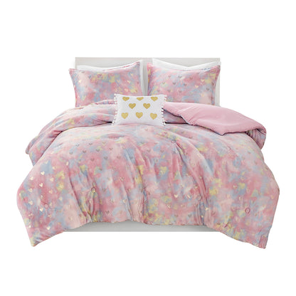 Rosalie Metallic Printed Plush Comforter Set with Throw Pillow - Pink Multi/Gold