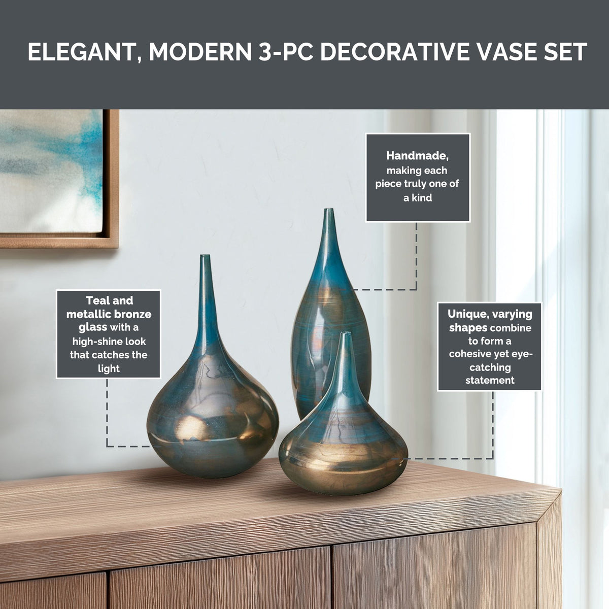 Aurora Blue and Bronze Decorative Glass Vases 3-piece set - Blue Metal