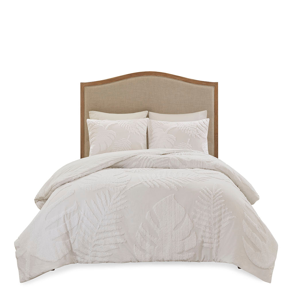 Bahari 3 Piece Tufted Cotton Chenille Palm Duvet Cover Set - Off-White