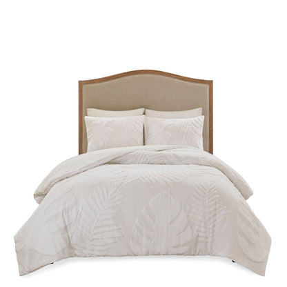 Bahari 3 Piece Tufted Cotton Chenille Palm Duvet Cover Set - Off-White