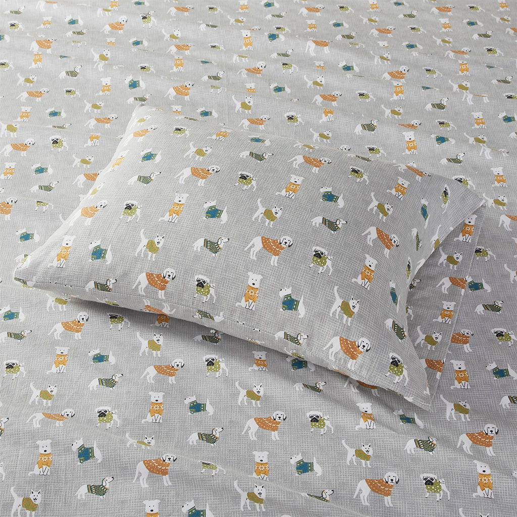 Cozy Cotton Flannel Printed Sheet Set - Grey Dogs