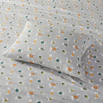 Cozy Cotton Flannel Printed Sheet Set - Grey Dogs
