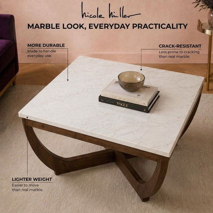 Calvedra Curve Marble-Look Coffee Table with Curved Walnut Wood Legs - White Marble/Walnut