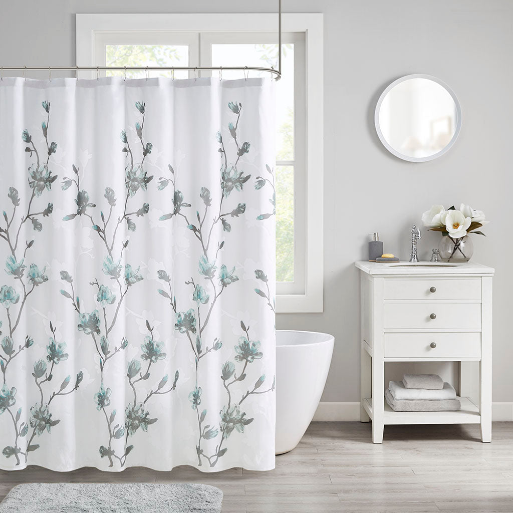 Magnolia Floral Printed Burnout Shower Curtain - Aqua