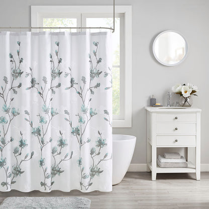 Magnolia Floral Printed Burnout Shower Curtain - Aqua
