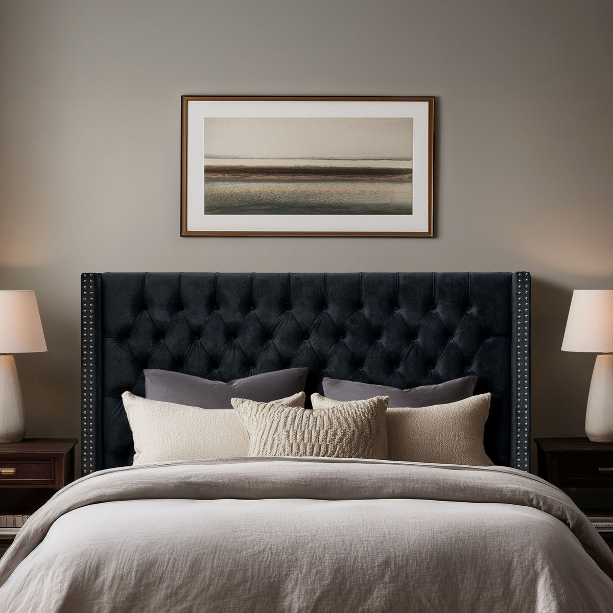 Amelia Upholstered Wingback Headboard with Button Tufting & Nailhead Trim - Black Velvet