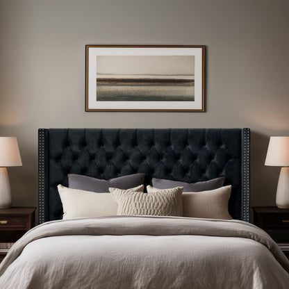 Amelia Upholstered Wingback Headboard with Button Tufting & Nailhead Trim - Black Velvet