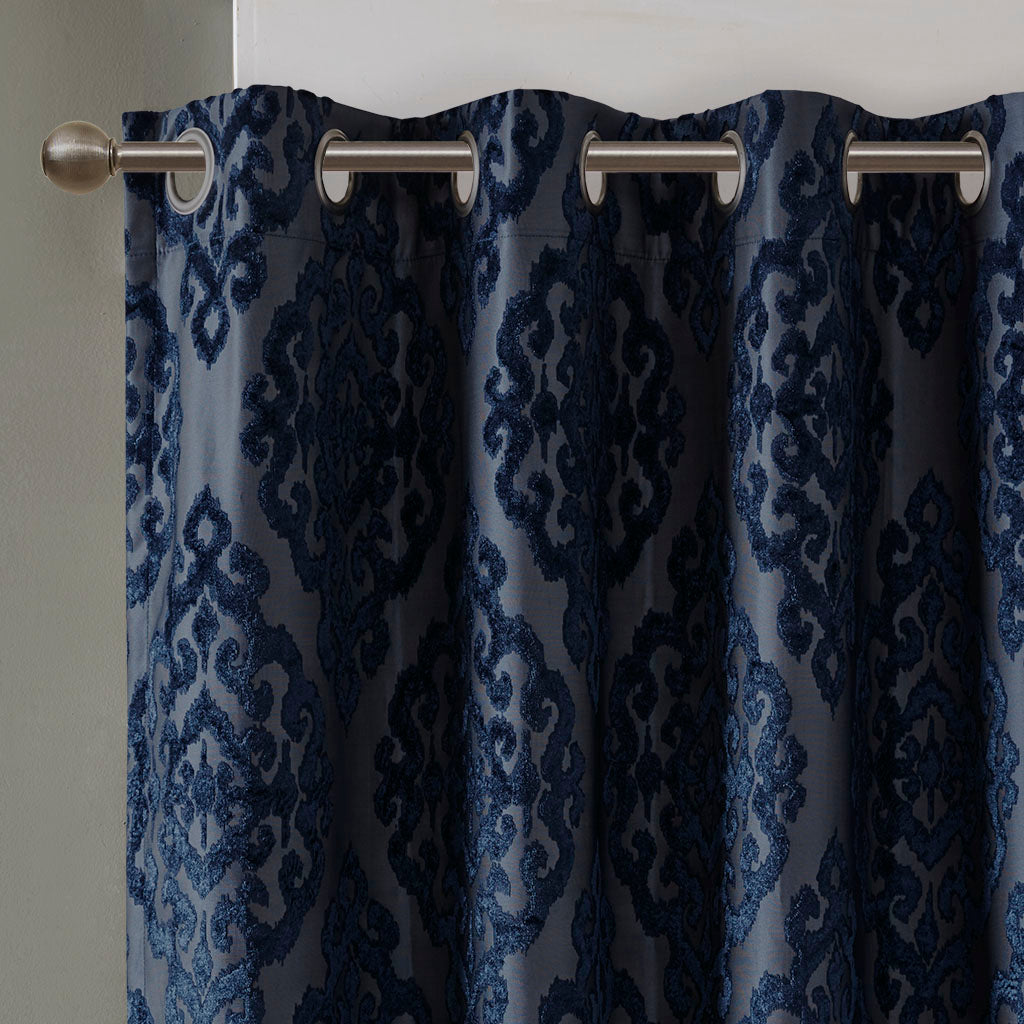 Mirage Knitted Jacquard Damask Total Blackout Grommet Top Curtain Panel - Navy