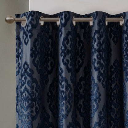 Mirage Knitted Jacquard Damask Total Blackout Grommet Top Curtain Panel - Navy