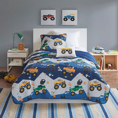 Nash Monster Truck Reversible Quilt Set with Throw Pillow - Blue