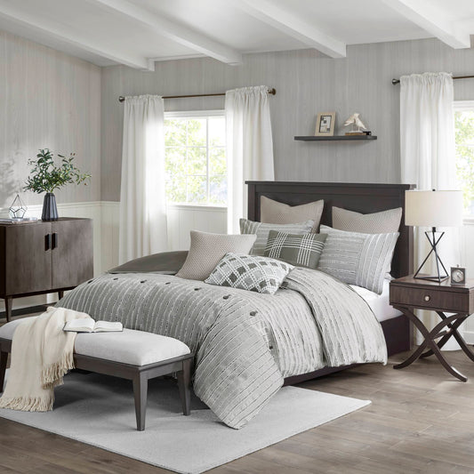 Essence Oversized Cotton Clipped Jacquard Comforter Set with Euro Shams and Throw Pillows - Gray