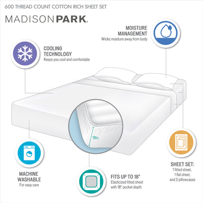 600 Thread Count Cooling Cotton Blend 4 PC Sheet Set - Teal