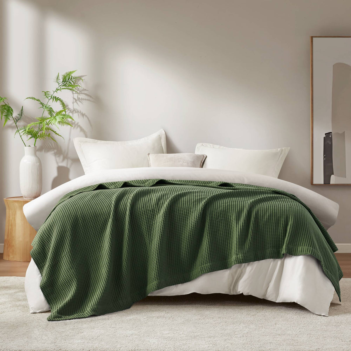 Waffle Weave Cotton Blanket - Olive Green