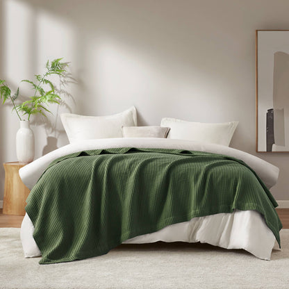 Waffle Weave Cotton Blanket - Olive Green