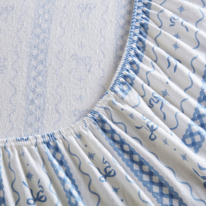 Cozy Soft Cotton Flannel Printed Sheet Set - Blue Bow Scallop Stripe