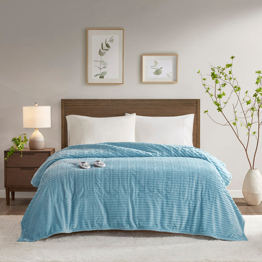 Corded Plush Heated Blanket - Blue