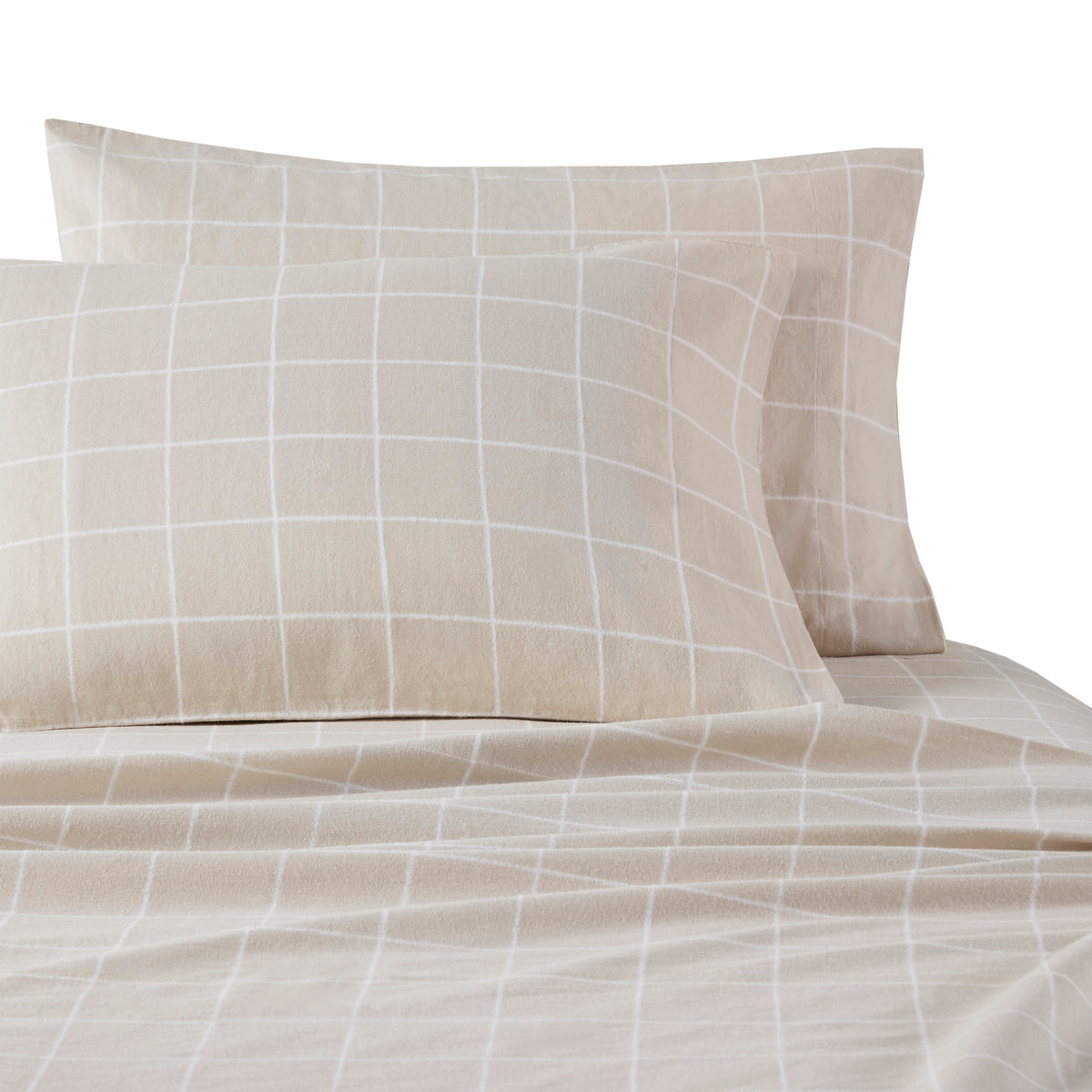 Cozy Cotton Flannel Printed Sheet Set - Beige Windowpane