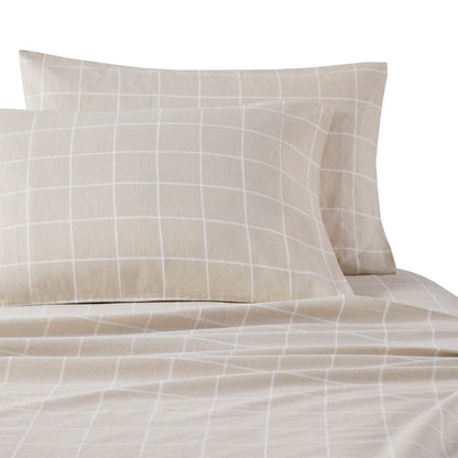 Cozy Cotton Flannel Printed Sheet Set - Beige Windowpane