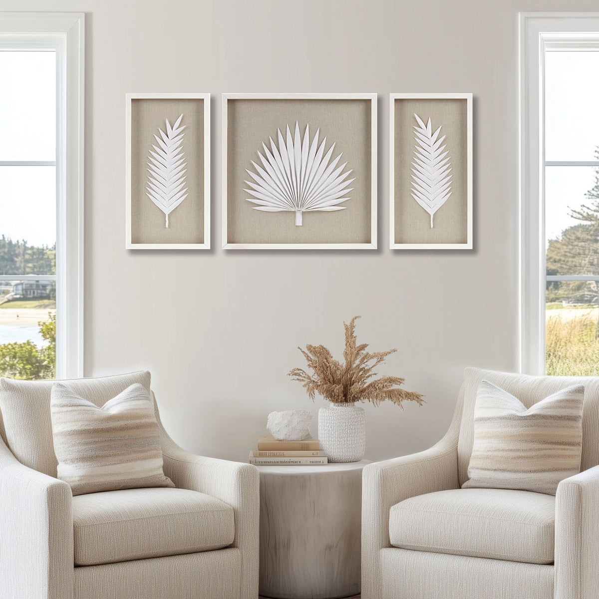 Sabal Framed Rice Paper Palm Leaves 3-piece Shadowbox Wall Decor Set - Off-White