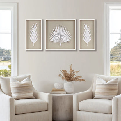 Sabal Framed Rice Paper Palm Leaves 3-piece Shadowbox Wall Decor Set - Off-White