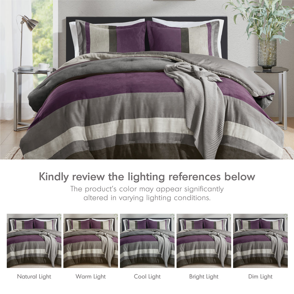 Highland Stripe Pieced Faux Suede Comforter Set - Purple