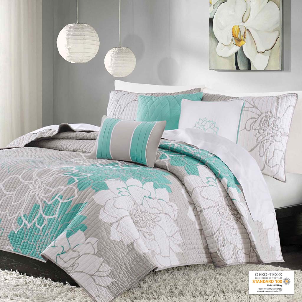 Lola 6 Piece Printed Cotton Quilt Set with Throw Pillows - Aqua