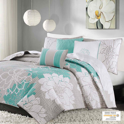 Lola 6 Piece Printed Cotton Quilt Set with Throw Pillows - Aqua