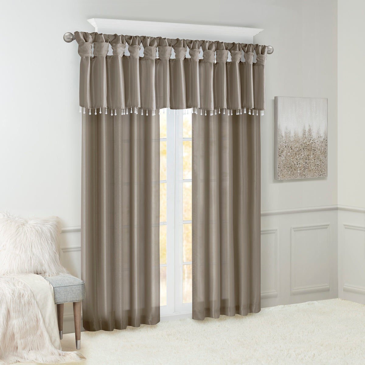 Emilia Lightweight Faux Silk Valance With Beads - Pewter