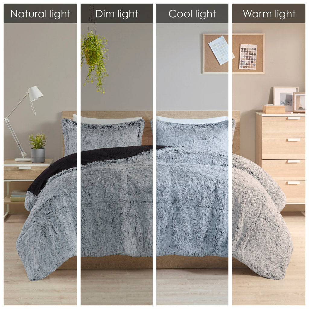 Malea Shaggy Faux Fur Comforter Mini Set - Black/White