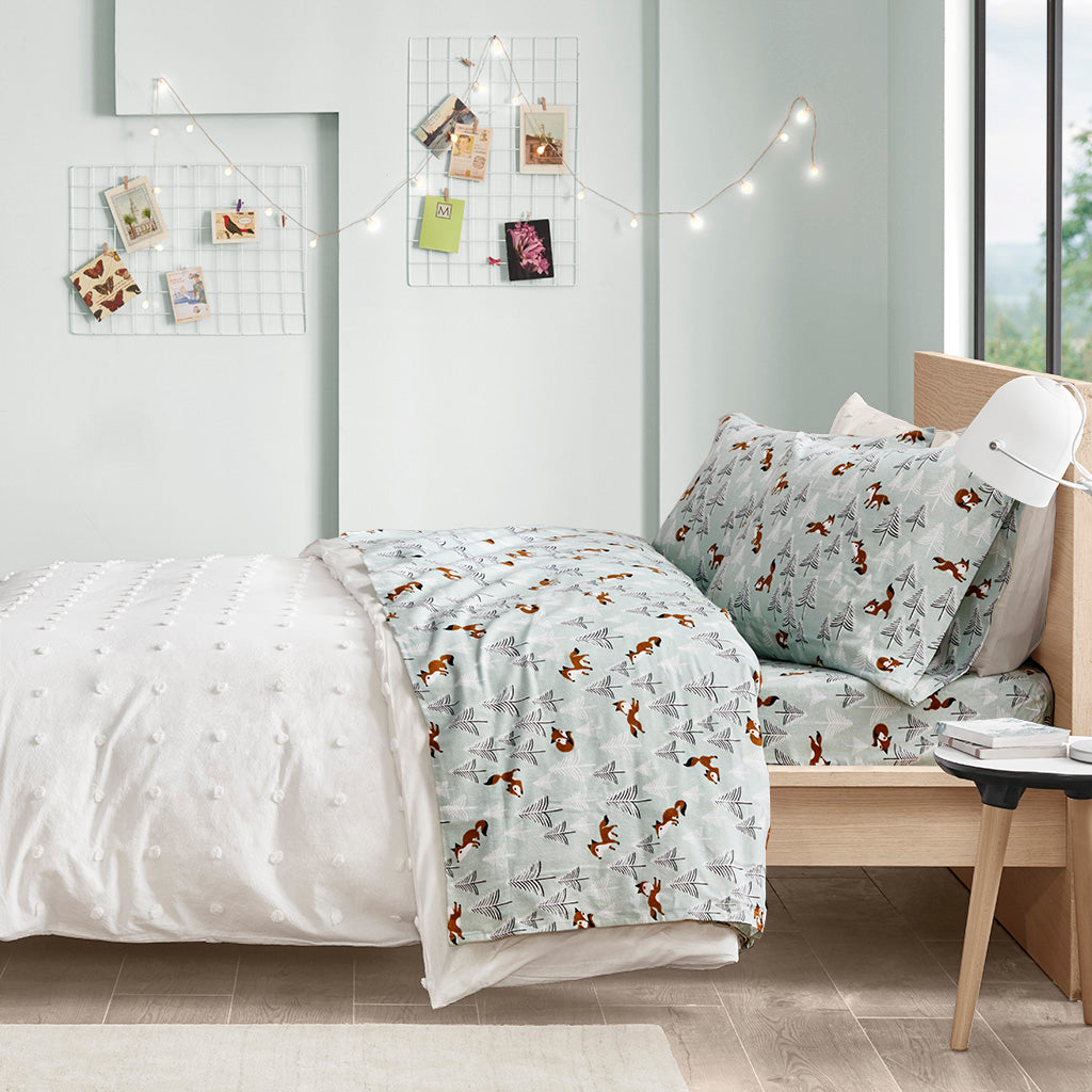 Cozy Soft Cotton Flannel Printed Sheet Set - Seafoam Foxes
