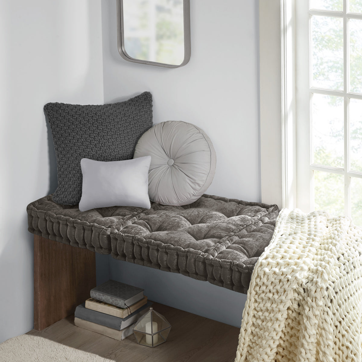 Azza Poly Chenille Square Floor Pillow Cushion - Charcoal