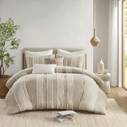 Shay 3 Piece Striped Cotton Comforter Set - Taupe