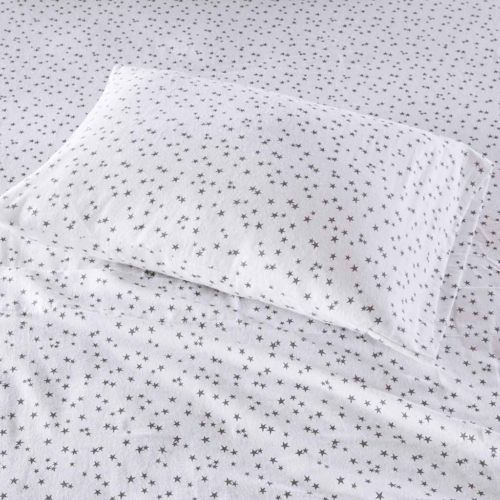 Cozy Soft Cotton Flannel Printed Sheet Set - Grey Stars