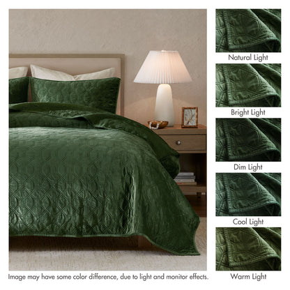 Harper 3 Piece Velvet Quilt Set - Green