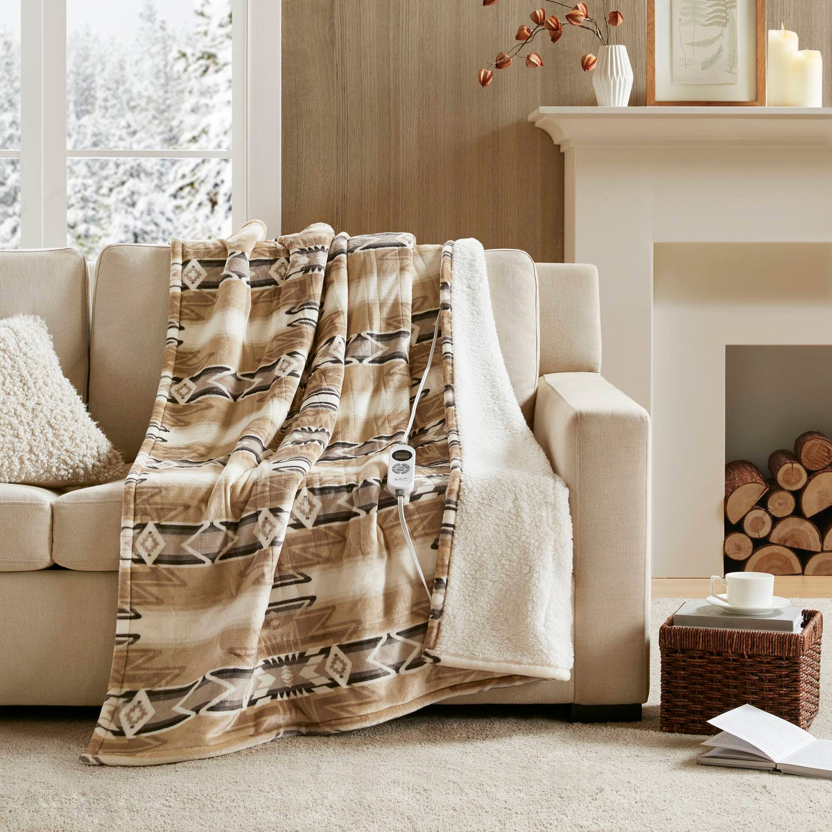 Print Plush to Sherpa Heated Throw - Aztec