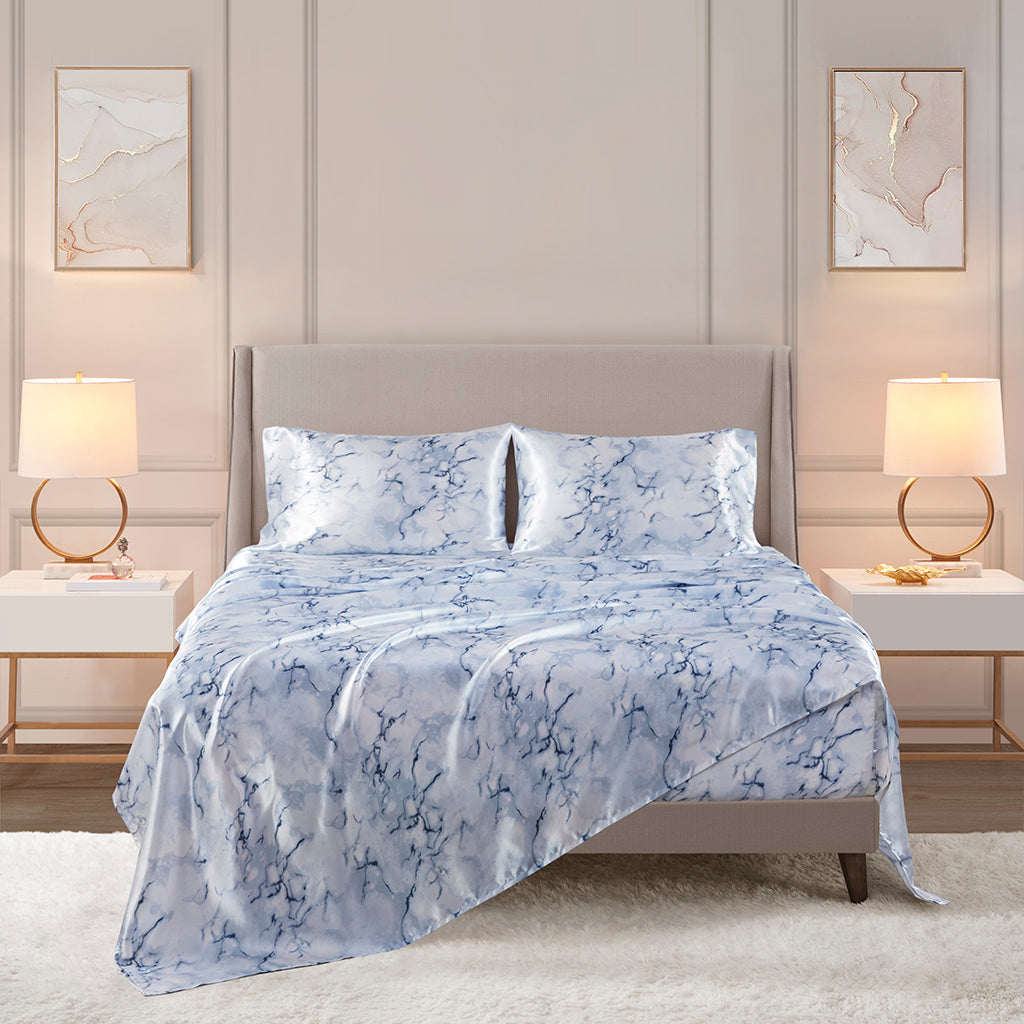 Printed Satin Sheet Set - Blue Marble
