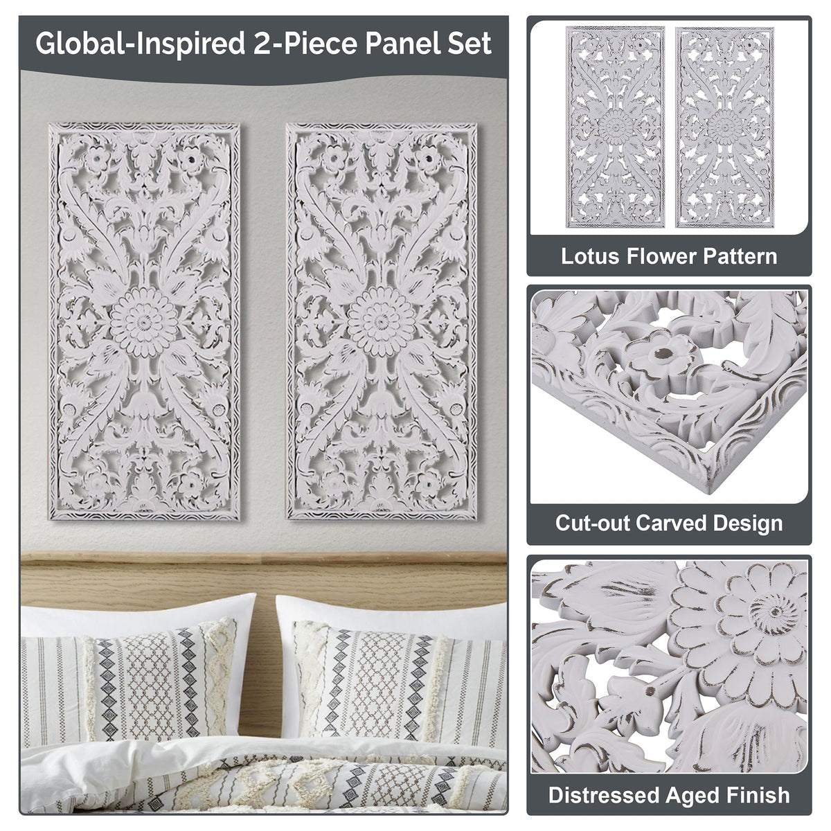 Botanical Panel Distressed Carved Wood 2-piece Wall Decor Set - Antique Green