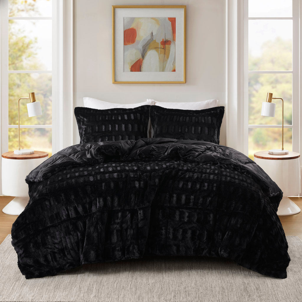 Gia Faux Fur Comforter Mini Set - Black