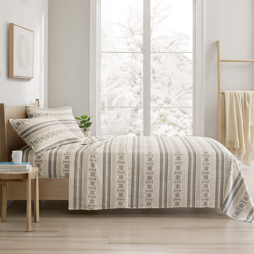 Cozy Cotton Flannel Printed Sheet Set - Gray/Taupe Nordic