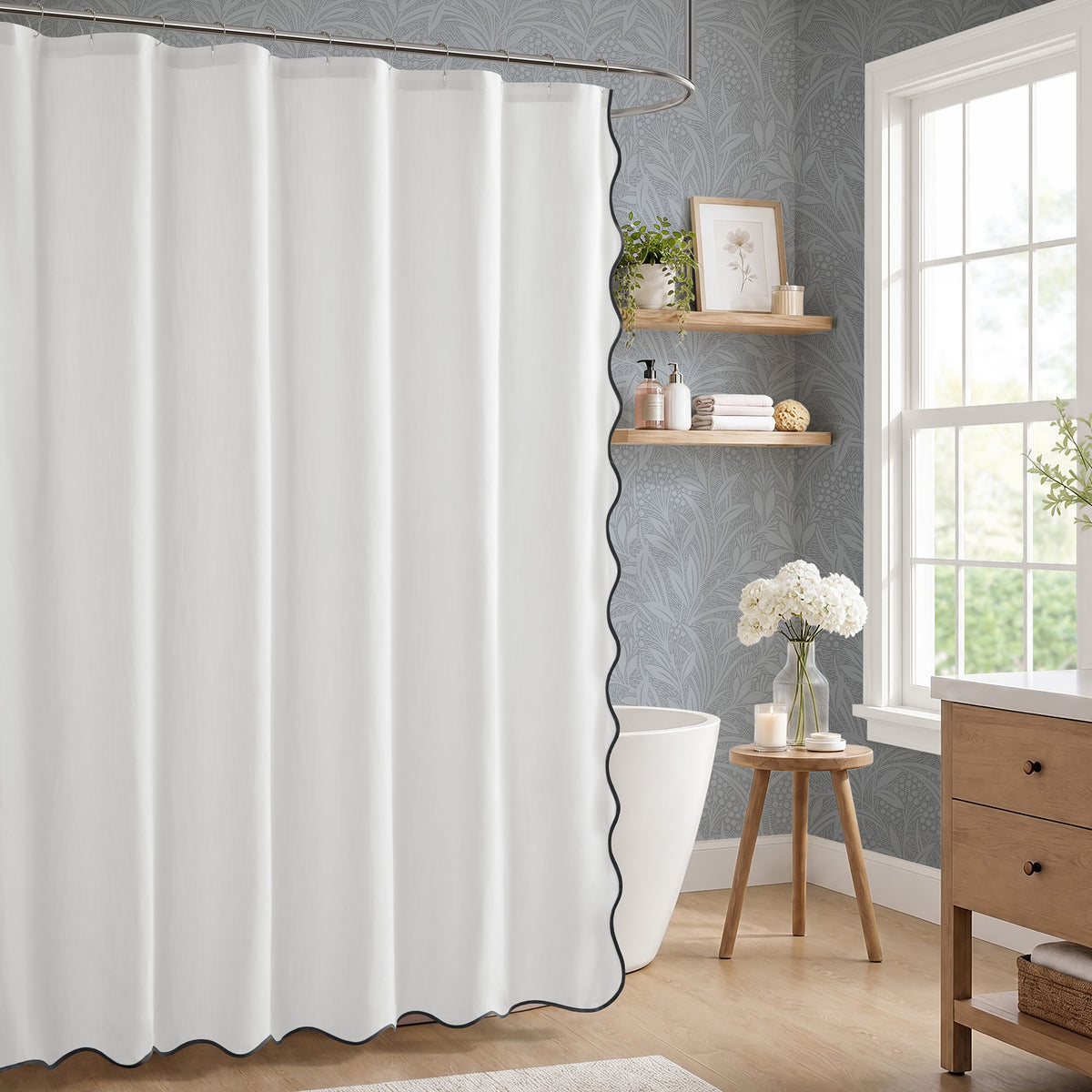 Petal Bloom Scalloped Shower Curtain - Black