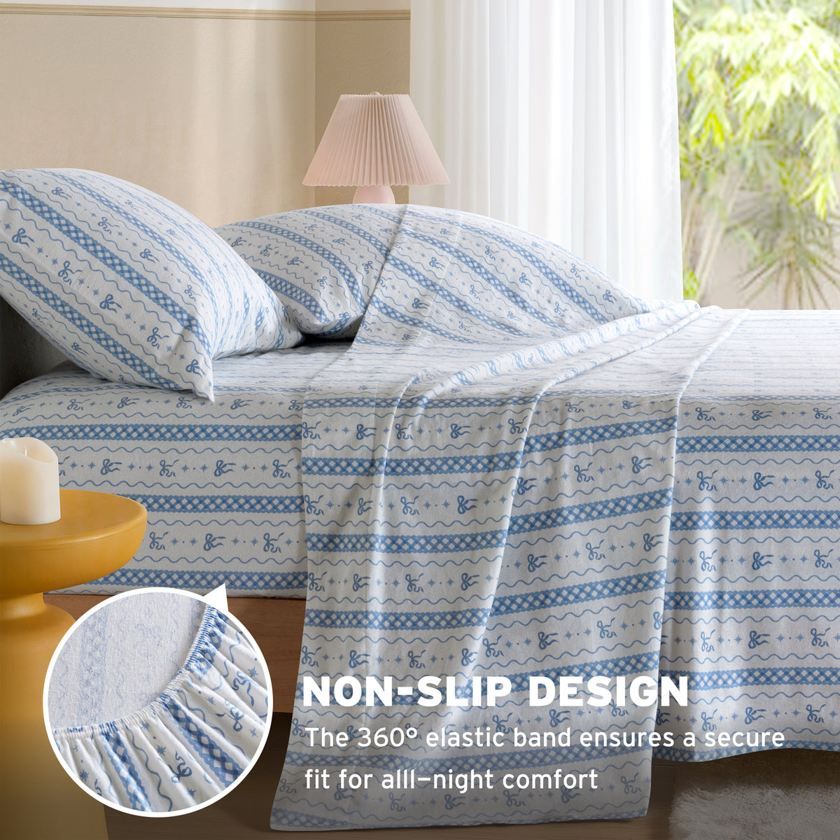 Cozy Soft Cotton Flannel Printed Sheet Set - Blue Bow Scallop Stripe